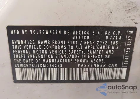 2019 Volkswagen Jetta 1.4T R-Line/1.4T S/1.4T Se из США, поврежденный, VIN 3VWC57BU7KM074228